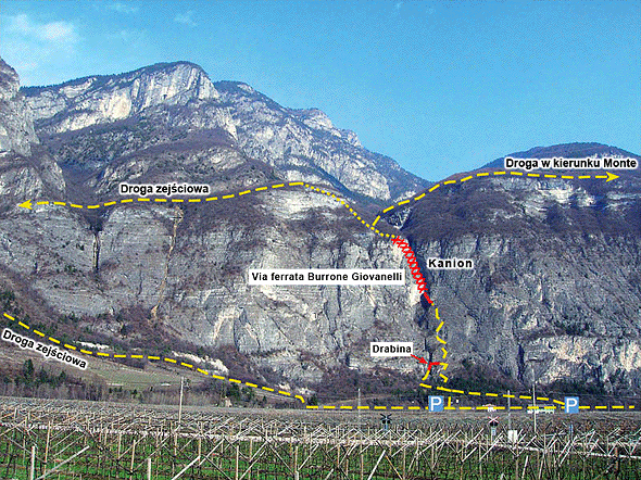 Widok na ścianę z kanionem Giovanelli oraz drogami zejściowymi