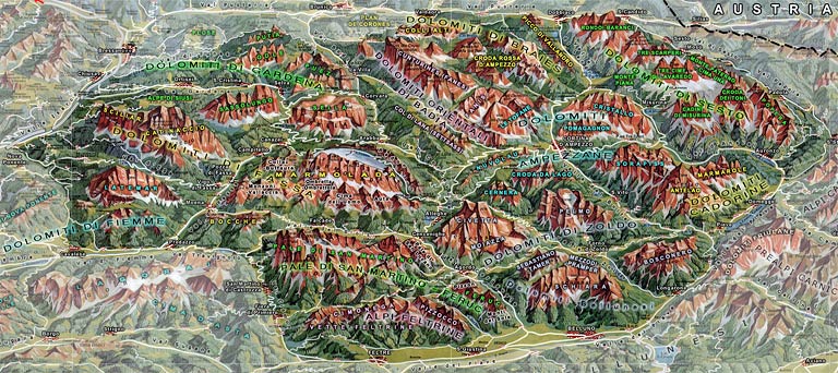 Mapa panoramiczna Dolomitów z podziałem na grupy górskie